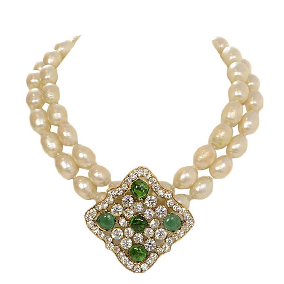 CHANEL Vintage Double Strand Pearl Necklace w/Rhinestone & Green Gripoix Pendant