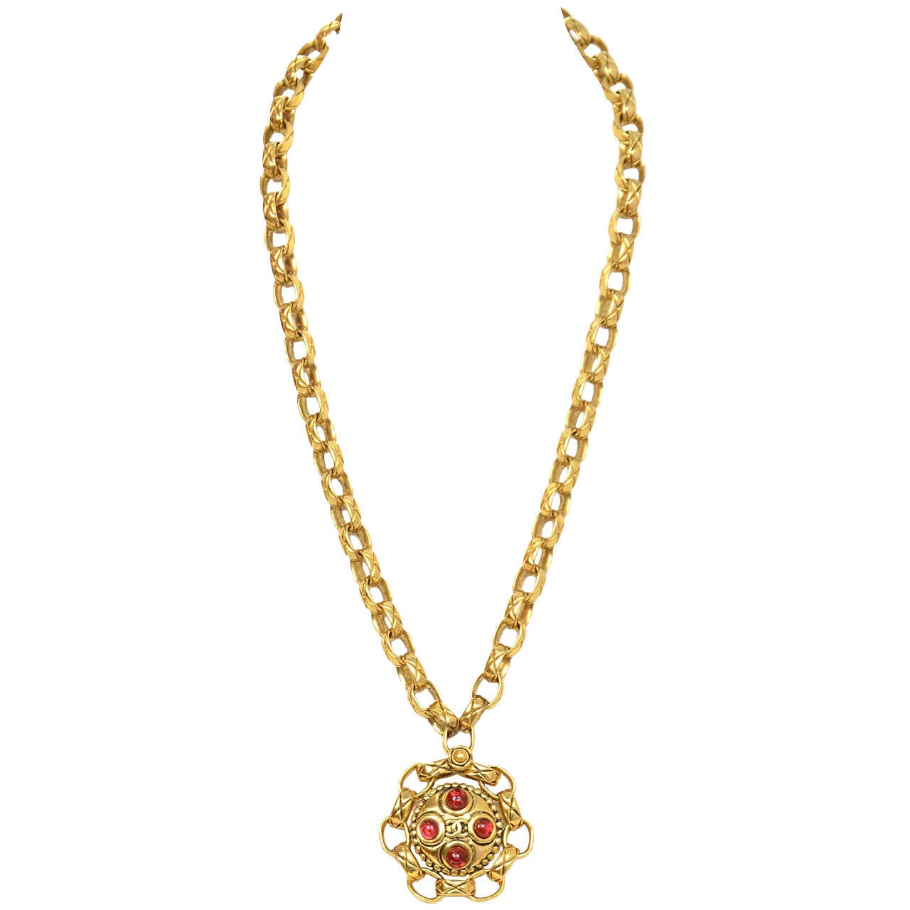 CHANEL Vintage Gold Quilted Chain Link Necklace w/CC & Red Gripoix Pendant