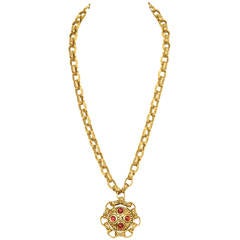 CHANEL Vintage Gold Quilted Chain Link Necklace w/CC & Red Gripoix Pendant