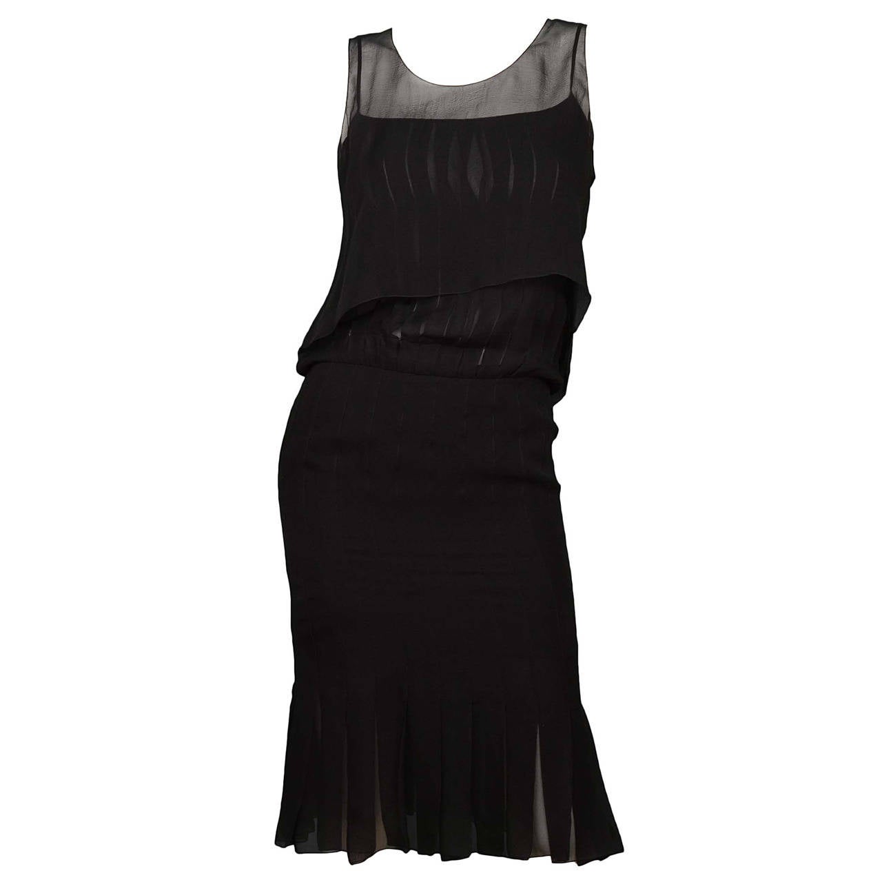 CHANEL 2003 Black Silk Pleated Dress w/Sheer Topper sz 36 at 1stDibs
