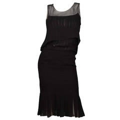 CHANEL 2003 Black Silk Pleated Dress w/Sheer Topper sz 36