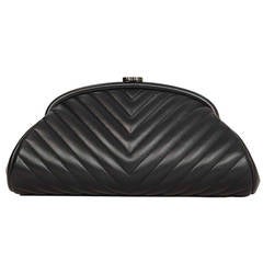 CHANEL 2015 Black Lambskin Chevron Quilted Timeless Clutch Bag