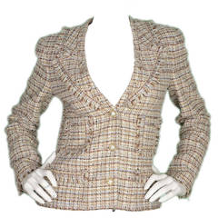 CHANEL 2004 Beige/Brown/Light Blue Tweed Single Breasted Blazer sz 40