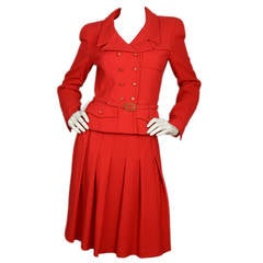 CHANEL Vintage 1995 Red Boucle Pleated Skirt/Double Breasted Jacket w/Belt sz 42