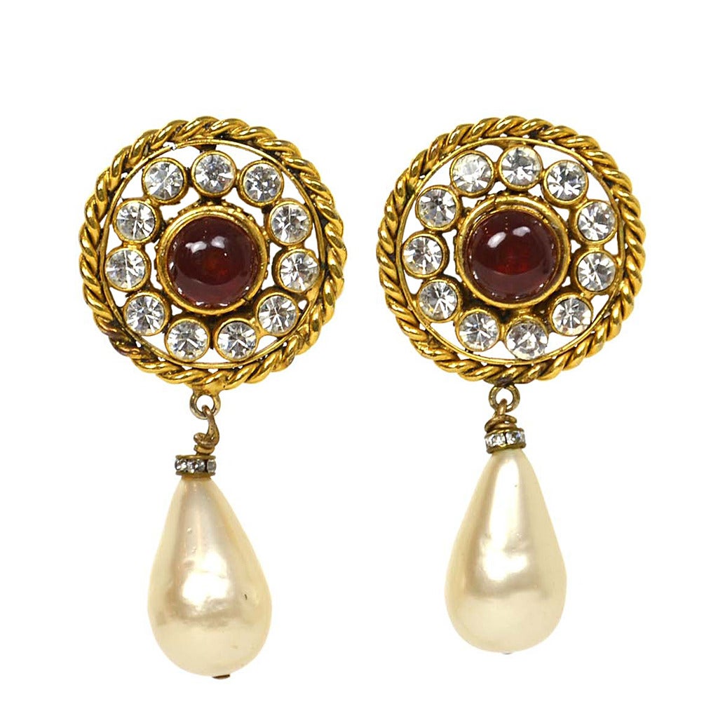 Chanel Vintage '86 Gripoix and Crystal Clip On Earrings w. Pearl Drop