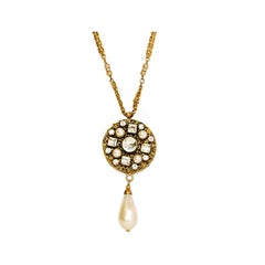 Chanel Vintage '84 Crystal Medallion & Pearl Drop Long Necklace