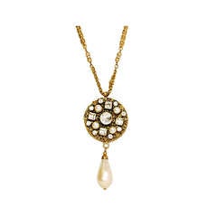CHANEL Goldtone Chain Necklace W/Crystal And Pearl Medallion And Drop Pearl 8