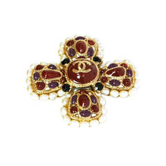 Chanel 2008 Burgundy Enamel Cross Brooch Pin w. Faux Pearl Trim