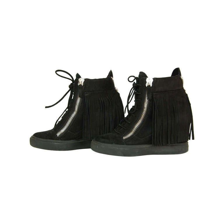 GIUSEPPE ZANOTTI Black Suede Wedge Sneakers With Fringe - Sz 6.5 Rt. $875