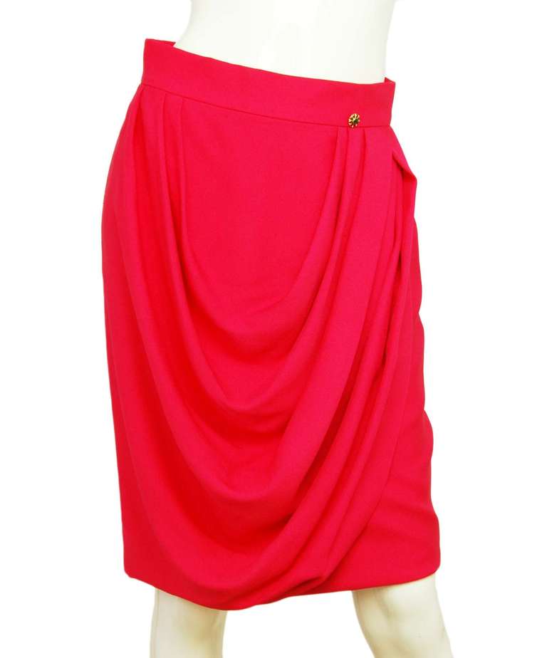 CHANEL Coral Silk Front Drape Skirt W/Red And Green Poured Glass Button-Sz 6