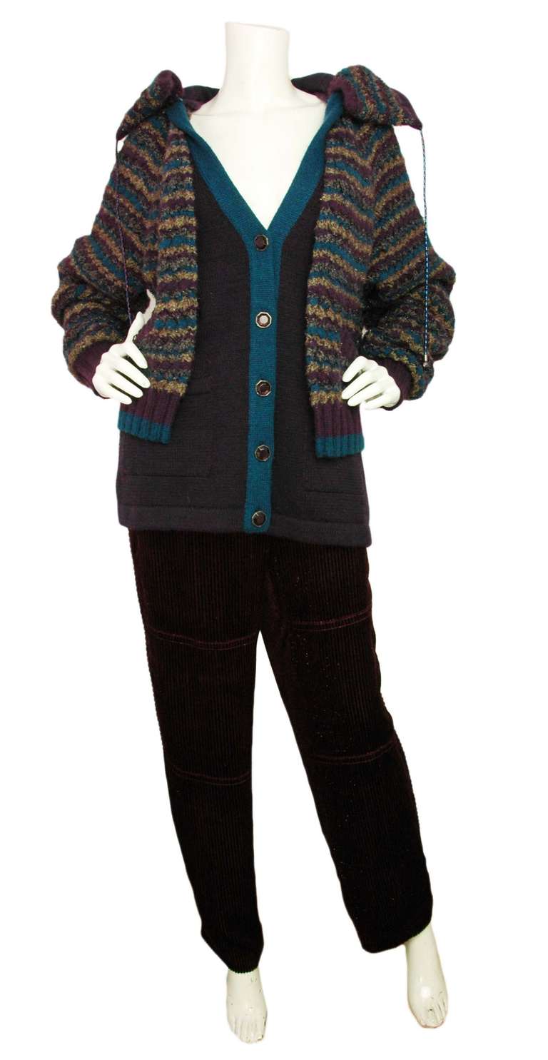 Women's CHANEL Teal/Purple Tweed Sweater Jacket With Hood sz.44