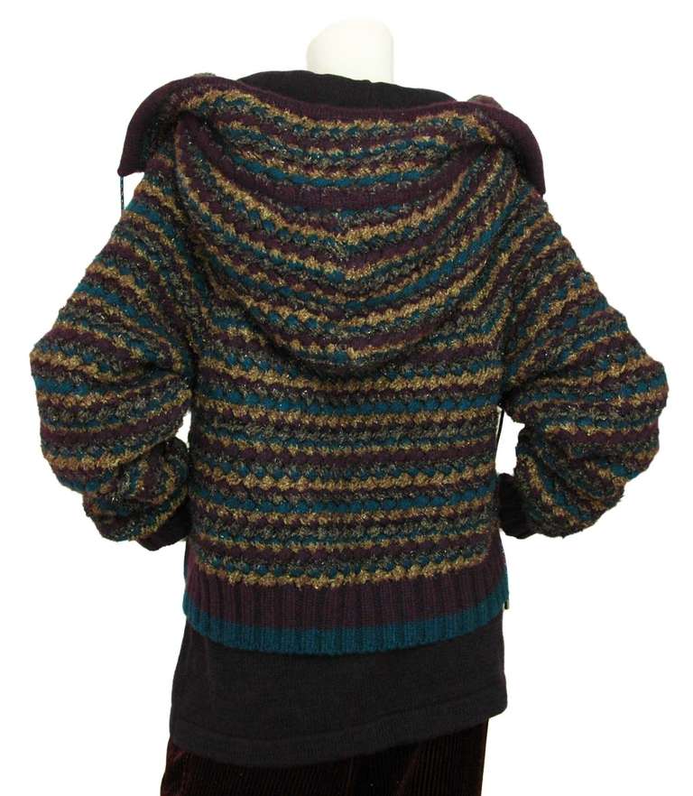 Black CHANEL Teal/Purple Tweed Sweater Jacket With Hood sz.44