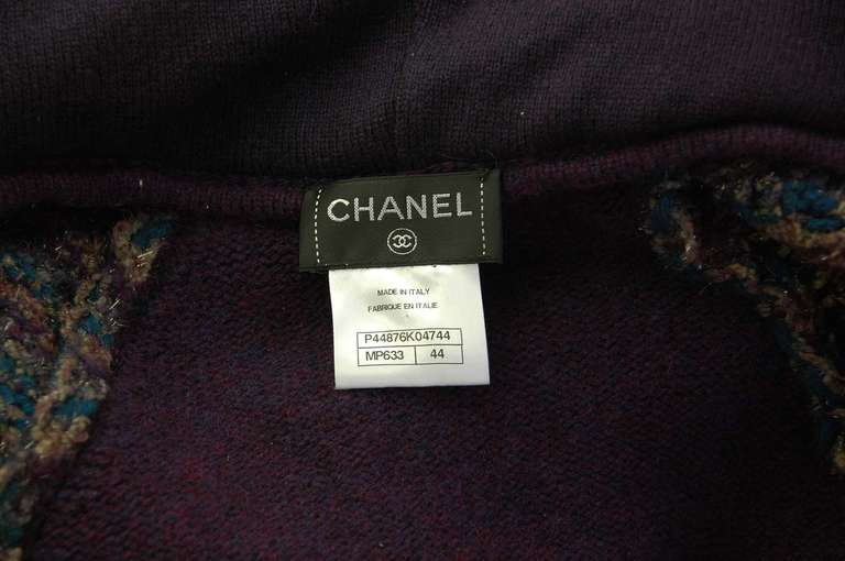 CHANEL Teal/Purple Tweed Sweater Jacket With Hood sz.44 In Excellent Condition In New York, NY