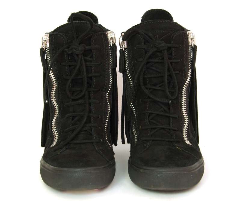GIUSEPPE ZANOTTI Black Suede Wedge Sneakers With Fringe - Sz 6.5 Rt. $875