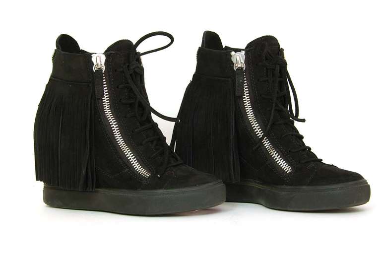 GIUSEPPE ZANOTTI Black Suede Wedge Sneakers With Fringe - Sz 6.5 Rt. $875 In Excellent Condition In New York, NY