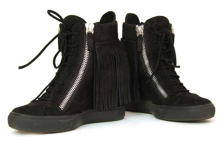 Women's GIUSEPPE ZANOTTI Black Suede Wedge Sneakers With Fringe - Sz 6.5 Rt. $875
