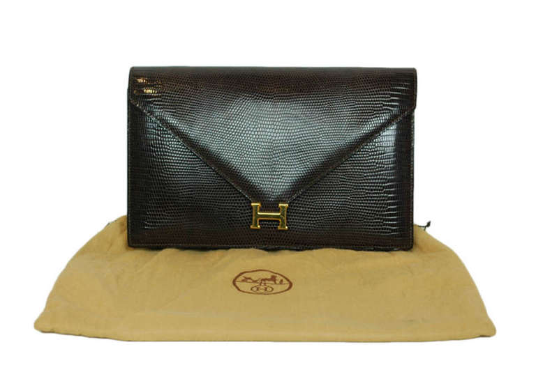 Hermes Brown Lizard H Envelope Clutch Shoulder Bag 1