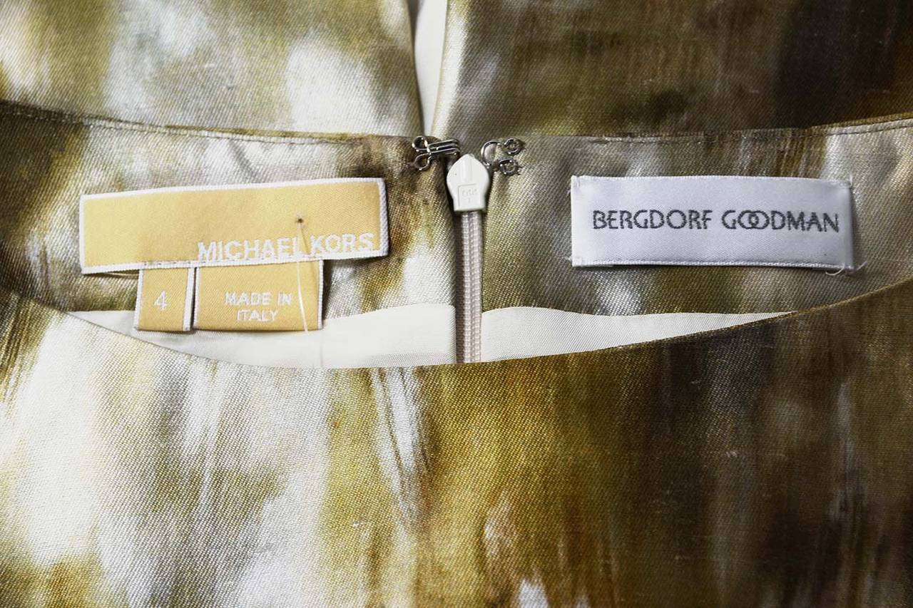 MICHAEL KORS Brown/Olive Green/Beige Silk Brush Strokes Print Dress w/Belt sz. 4 2