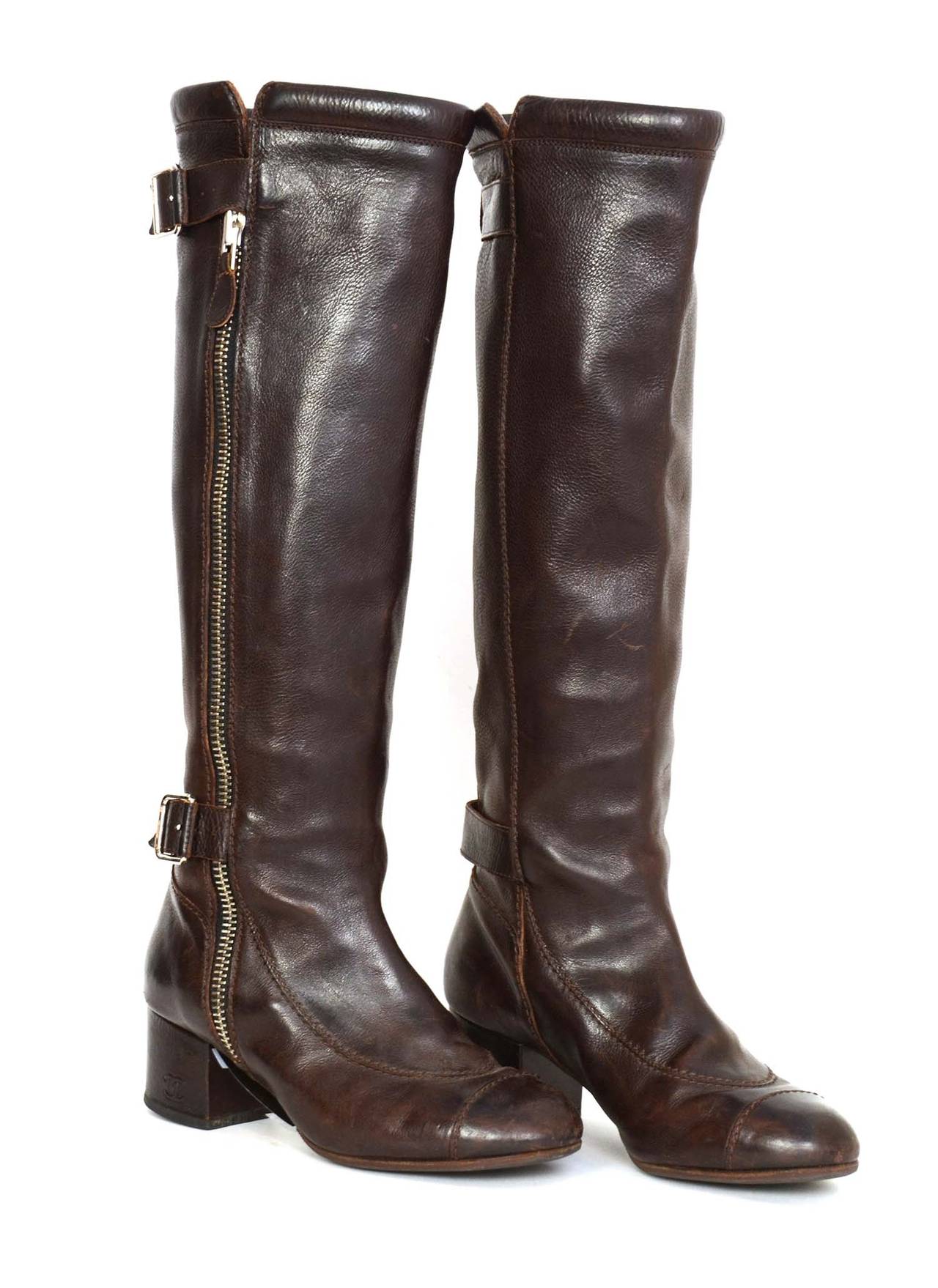 CHANEL Brown Leather Riding Boots sz 38 In Excellent Condition In New York, NY