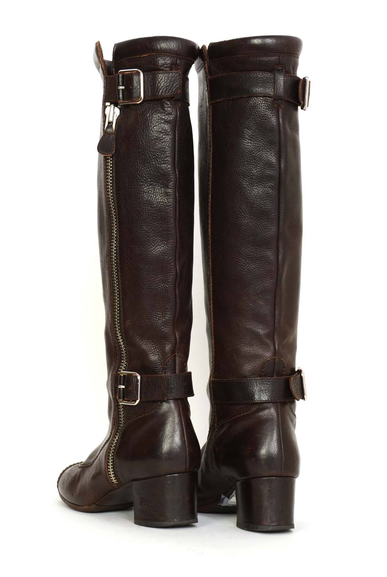Women's CHANEL Brown Leather Riding Boots sz 38