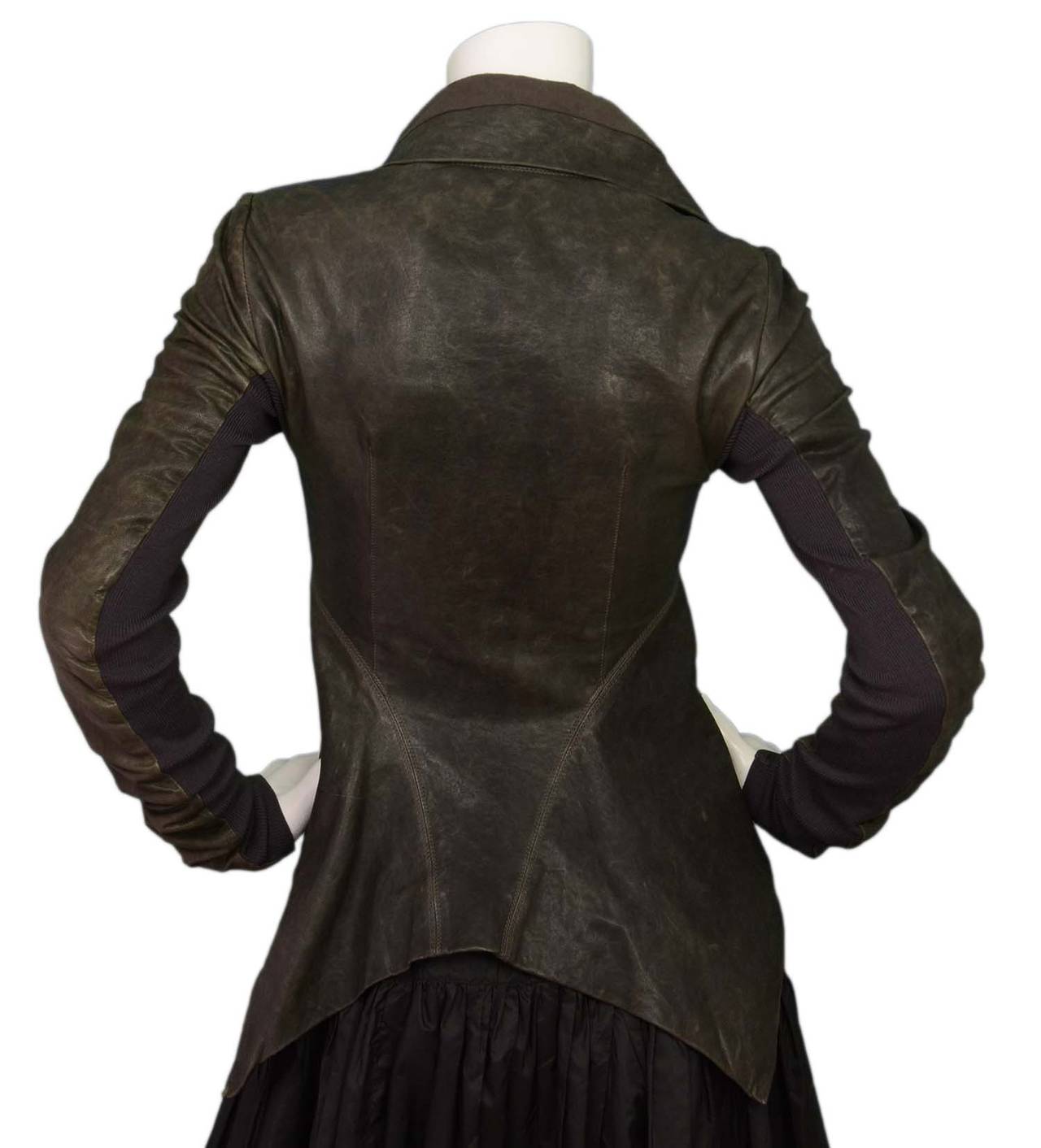 RICK OWENS Brown Distressed Leather Waterfall Front Jacket sz 6 In Excellent Condition In New York, NY