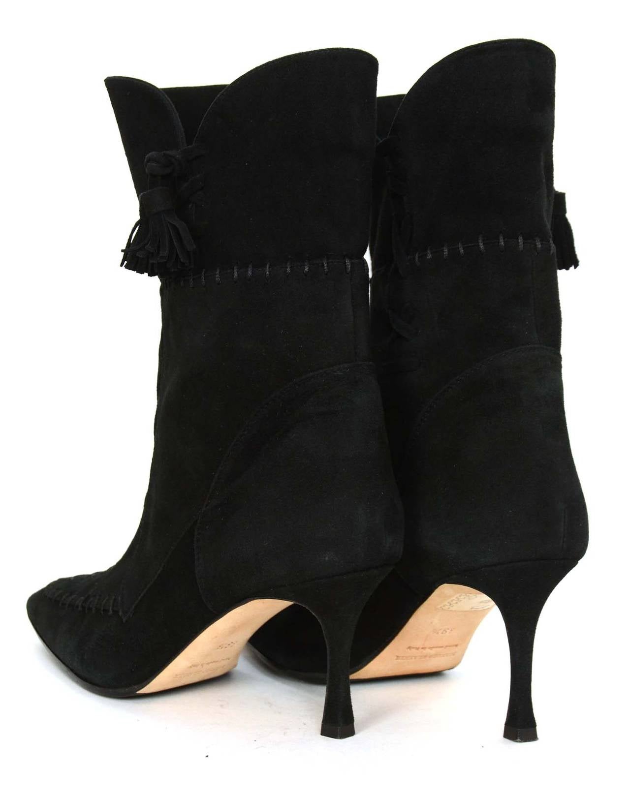 Women's MANOLO BLAHNIK Black Suede Ankle Boots w/Tassle sz 39.5