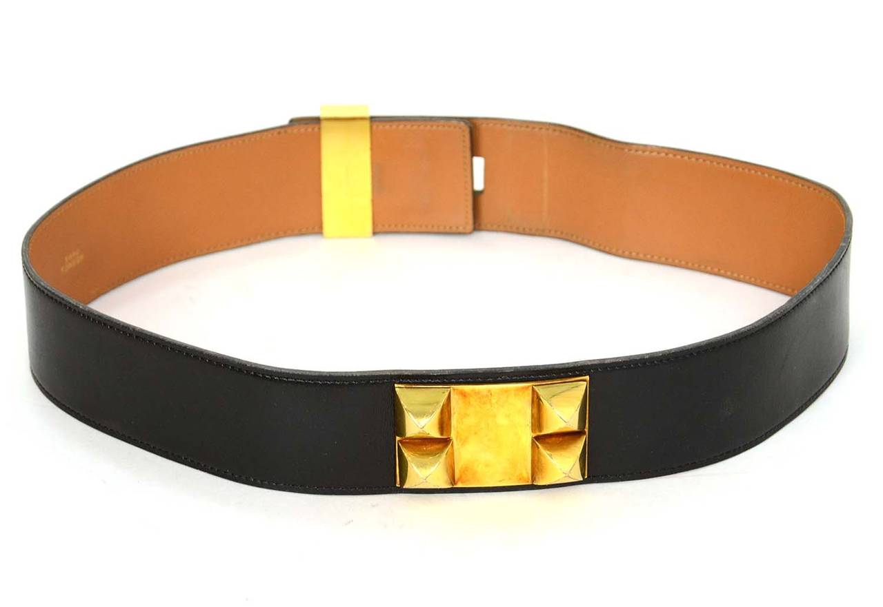 Brown HERMES Vintage 1985 Black Leather Medor Collier De Chien CDC Belt