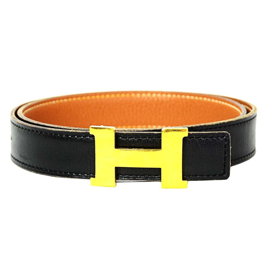 HERMES Narrow Black Box and Tan Togo Leather Belt w/ Gold H Buckle c.2003