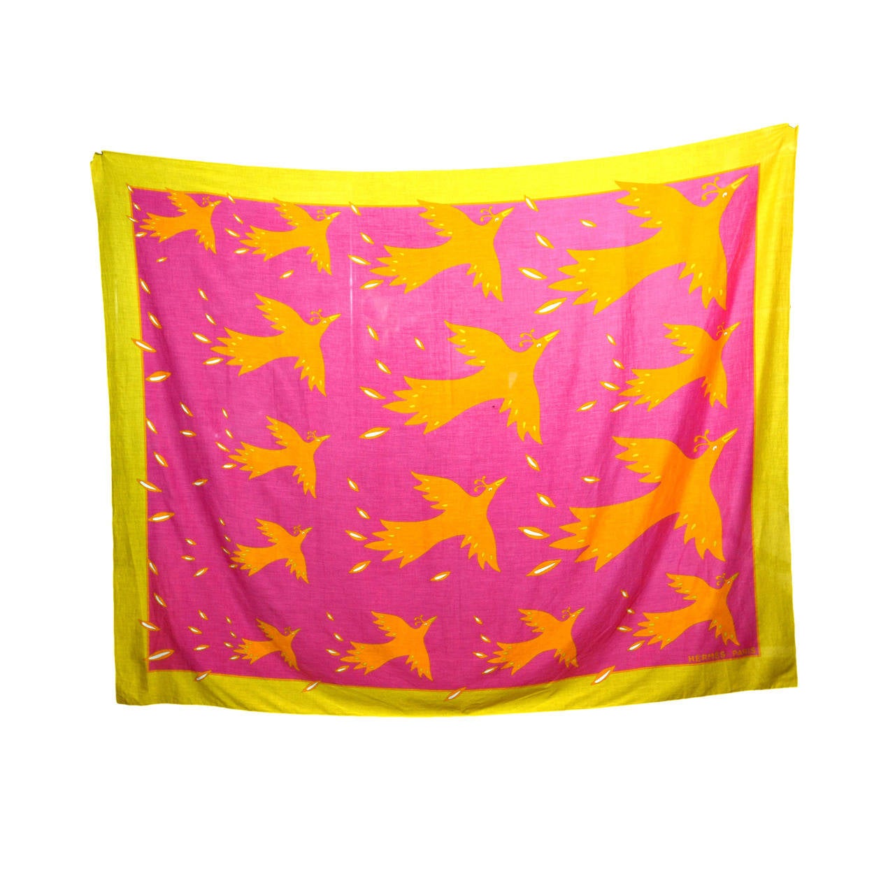 HERMES Pink and Yellow Flying Bird Print Scarf