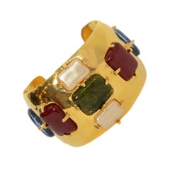 CHANEL Vintage 1997 Gold Cuff w/Red, Green, Blue & Ivory Stones
