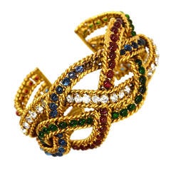 CHANEL Vintage Gold Woven Cuff w/Red, Green & Blue Gripoix 9