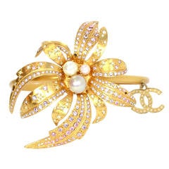 CHANEL 2002 Gold Bracelet w/Pink Rhinestone Flower & Pearls