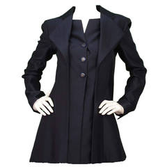 CHANEL Navy Long Pleated Jacket w/Navy & Silver CC Buttons sz. 40