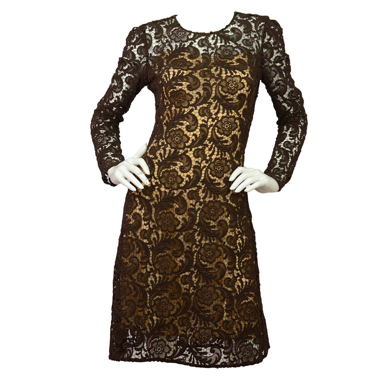 PRADA Brown Lace Long Sleeve Cocktail Dress w/Nude Slip sz 42