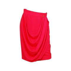 CHANEL Coral Silk Front Drape Skirt W/Red And Green Poured Glass Button-Sz 6