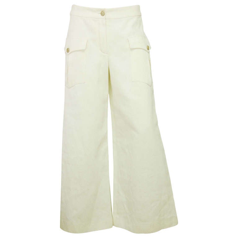 CHANEL White Cotton Wide Leg High Waisted Sailor Pants w Front Pockets sz38