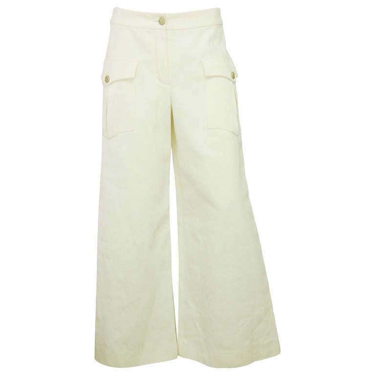 CHANEL White Cotton Wide Leg High Waisted Sailor Pants w Front Pockets ...
