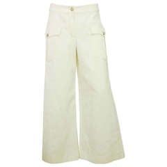 CHANEL White Cotton Wide Leg High Waisted Sailor Pants w Front Pockets sz38