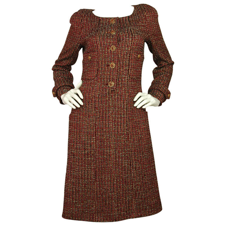 CHANEL Dark Red/Gold Tweed Dress w Metallic Threads and Gripoix Buttons ...
