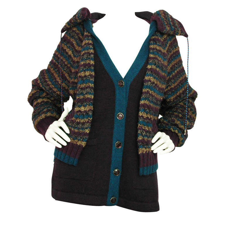 CHANEL Teal/Purple Tweed Sweater Jacket With Hood sz.44