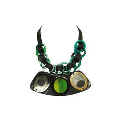 MARNI Black/Green Resin Stone Necklace On A Ribbon