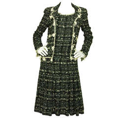 Chanel 2005 Black & White Tweed Dress w. Attached Jacket and Fringe Trim sz.40