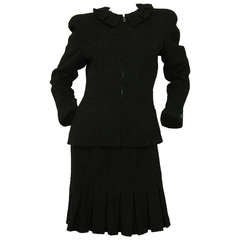 Vintage CHANEL 1997 Black Boucle Pleated Skirt/Jacket 2pc Suit w. Ruffle Collar sz.42