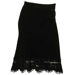 CHANEL Black Cashmere Skirt W/Crochet Trim - Sz 6