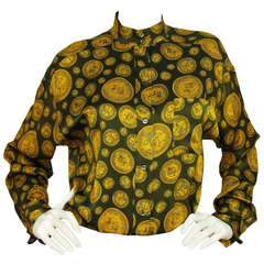 CHANEL Vintage Green/Gold Silk Blouse W/Chanel Coin Print- Sz 38