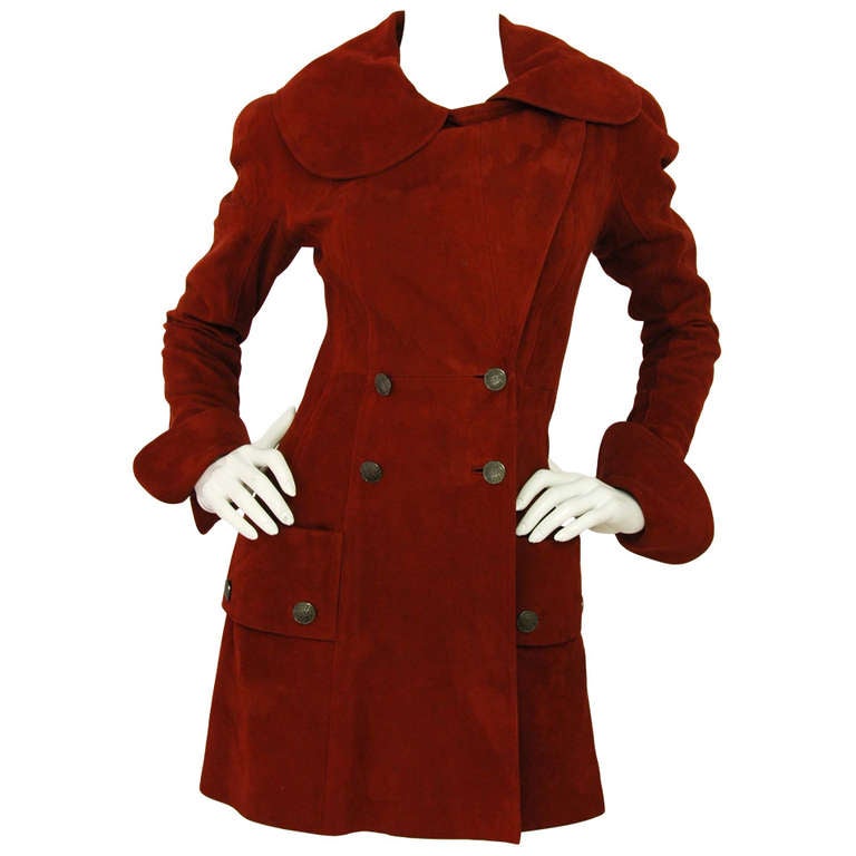 CHANEL Dark Red Suede Doubled Breasted Coat - Sz 4