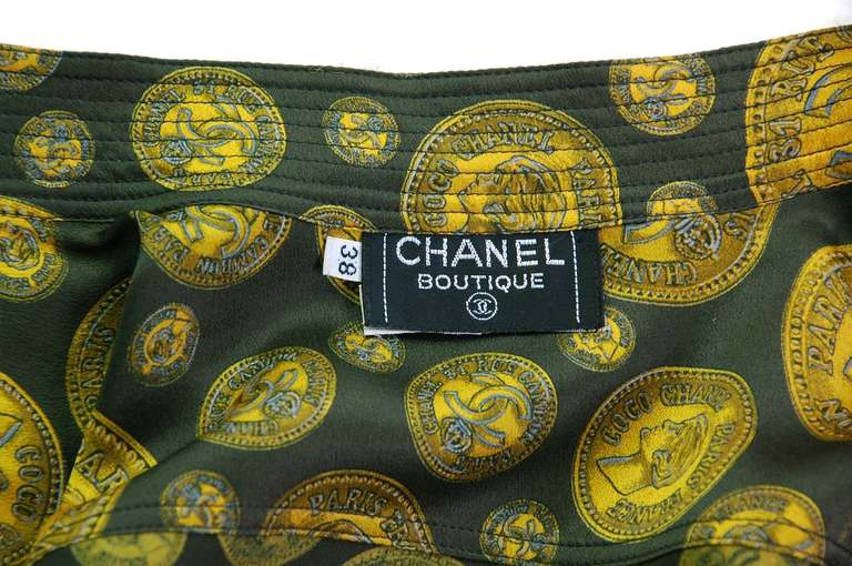 CHANEL Vintage Green/Gold Silk Blouse W/Chanel Coin Print- Sz 38 In Excellent Condition In New York, NY