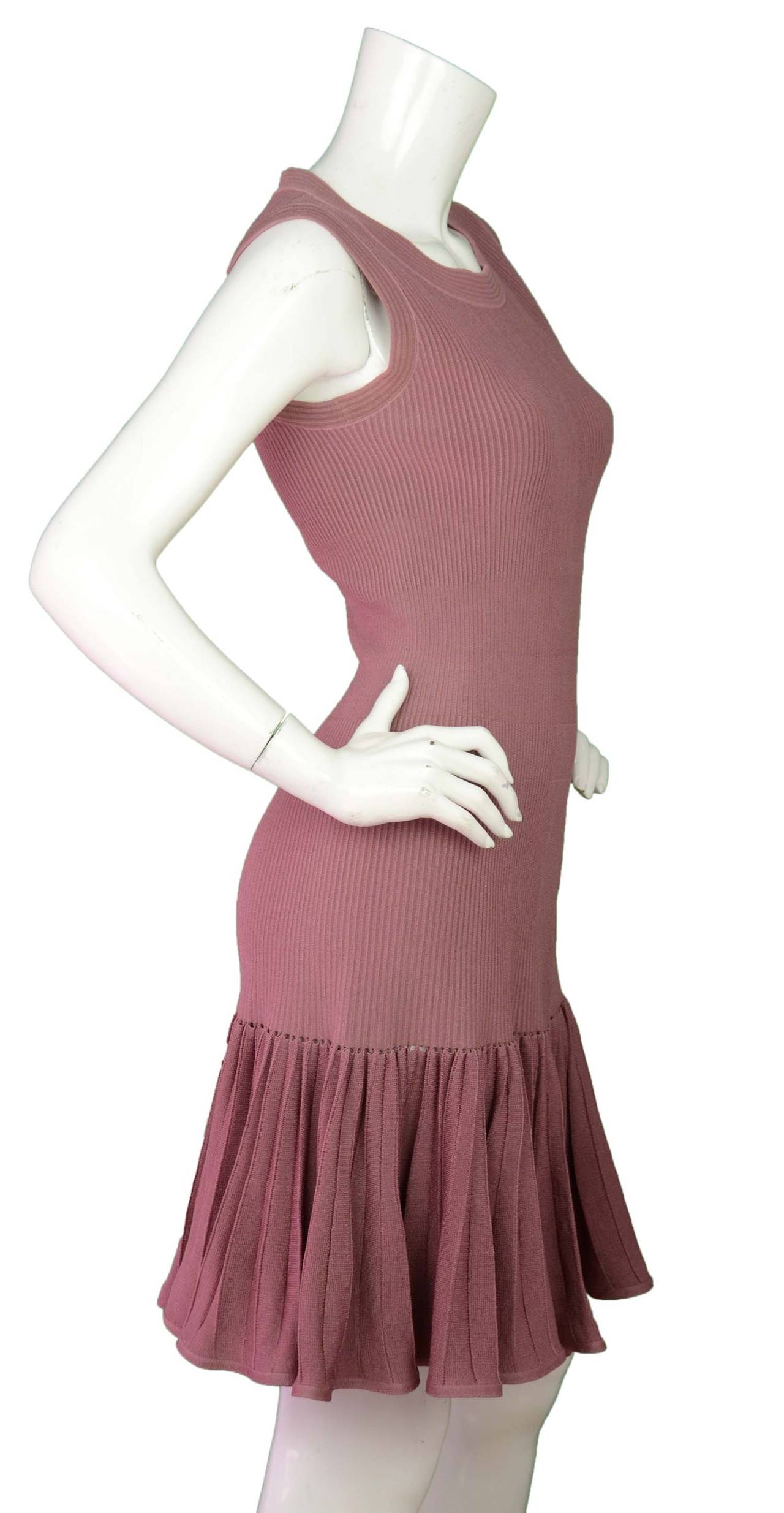 Alaia Mauve Ribbed Flounce Dress
Features pleats within flare at bottom of dress

    Made in: Italy
    Color: Mauve
    Composition: 80% silk, 15% viscose, 5% nylon
    Lining: None
    Closure/opening: Back center zipper
    Exterior