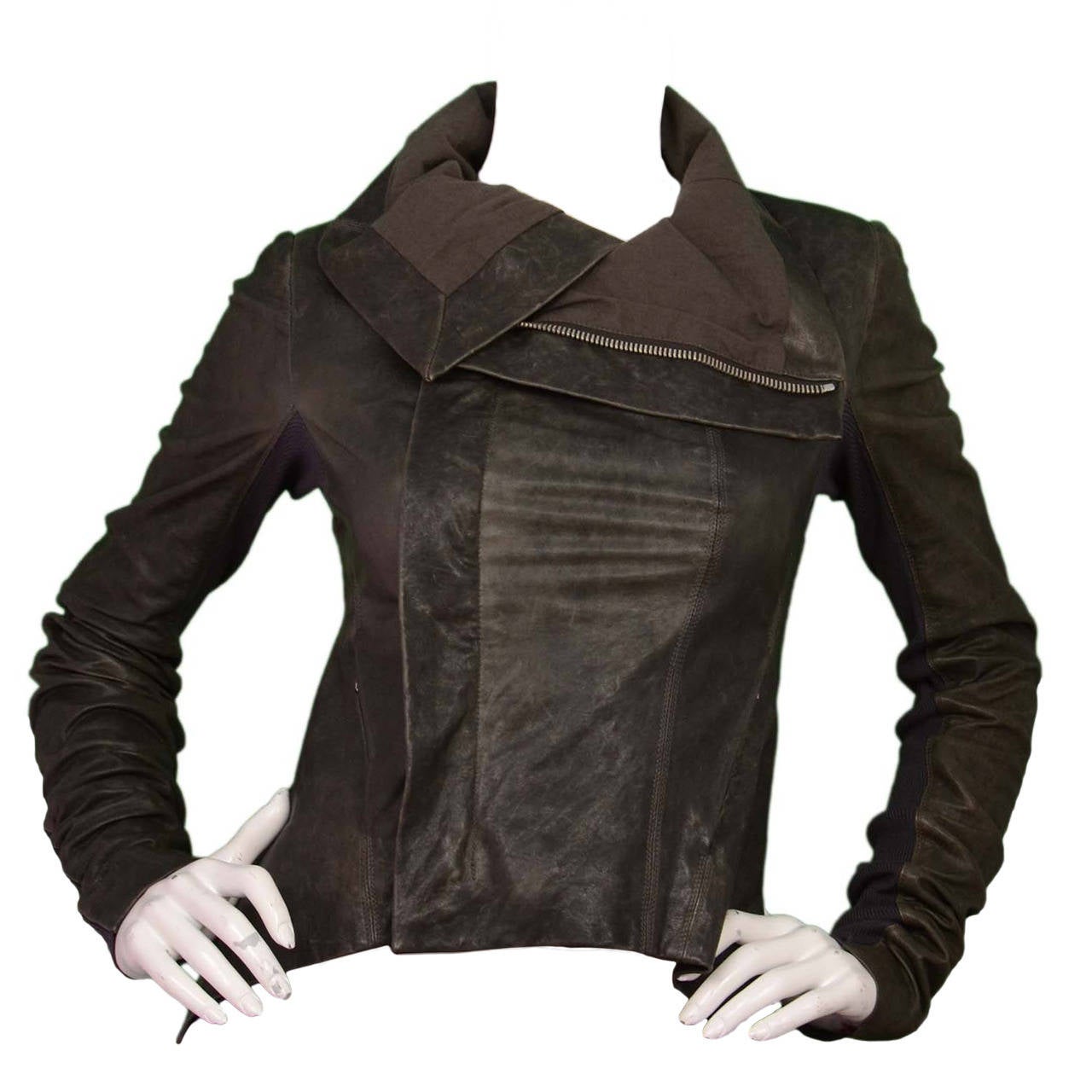 RICK OWENS Brown Distressed Leather Waterfall Front Jacket sz 6