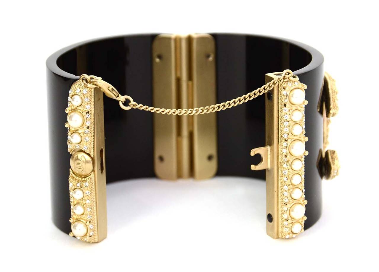 CHANEL Black Resin Clamper Cuff w/Pearl & Crystal CC In Excellent Condition In New York, NY